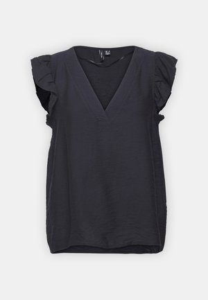 Top azul oscuro con escote en V y mangas cortas con volantes. La tela presenta una textura arrugada y un corte holgado, redondeándose en el dobladillo.