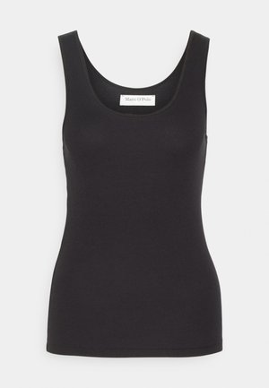 Canotta nera con un design aderente. Realizzata in tessuto a coste, presenta un colletto rotondo e senza maniche. L'etichetta riporta "Marc O'Polo".