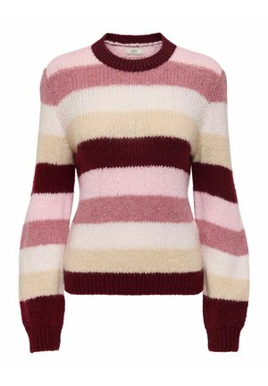 Jersey a rayas en tonos de rosa, crema y burdeos. Presenta un cuello redondo y mangas largas con puños y dobladillo acanalados. Material de punto texturizado.