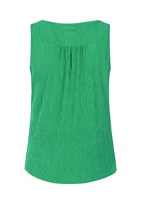 Top verde senza maniche con un tessuto testurizzato e righe verticali, dotato di scollatura rotonda. Il dettaglio della piega posteriore aggiunge volume in modo sottile.