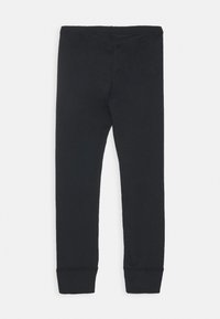 Schwarze Leggings aus weichem, dehnbarem Stoff. Figurbetontes Design mit einem glatten Bund und umgenähten Säumen. Keine Muster oder Verzierungen.