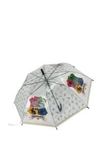 Transparent umbrella featuring a Hogwarts crest with red, green, blue, and yellow sections, surrounded by magical symbols in monochrome.
