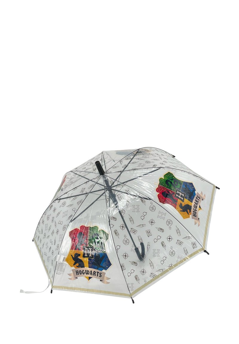 Transparent umbrella featuring a Hogwarts crest with red, green, blue, and yellow sections, surrounded by magical symbols in monochrome.