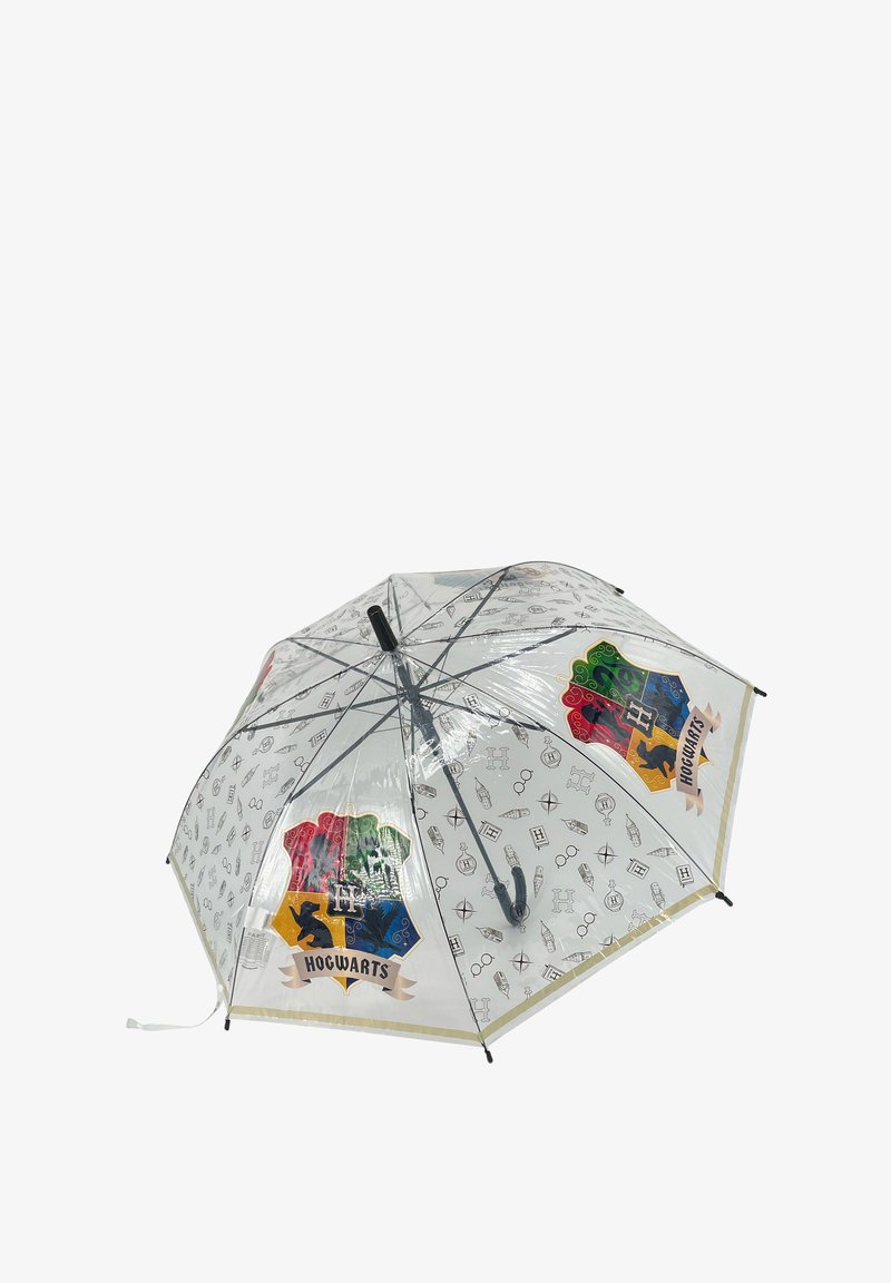 Transparent umbrella featuring a Hogwarts crest with red, green, blue, and yellow sections, surrounded by magical symbols in monochrome.