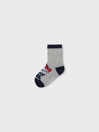 Calzino grigio per bambini con dettagli blu navy, caratterizzato da un design di personaggi dei cartoni animati in rosso, blu e nero nell'area della caviglia.