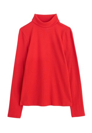 Haut à col roulé rouge côtelé à manches longues avec un col ajusté, présentant une surface texturée et un ourlet droit, fabriqué à partir d'un tissu extensible.