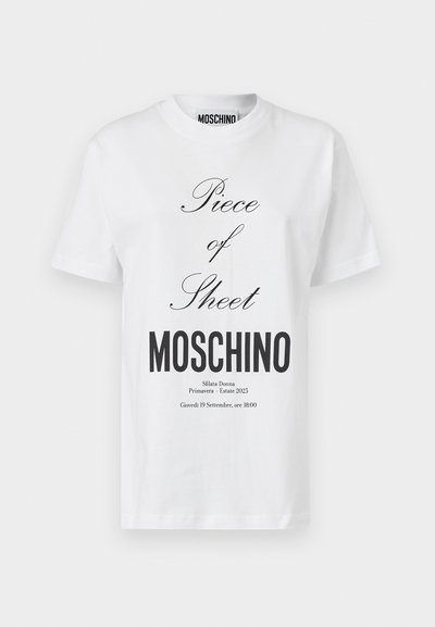 White cotton t-shirt featuring black text. The front displays "Piece of Sheet" and "MOSCHINO" in bold lettering, with additional details below.