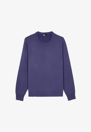 Maglione viola lavorato a maglia con scollo rotondo, maniche lunghe e polsini e orlo a costine. Realizzato in materiale morbido con una texture liscia.