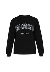 Fekete pulóver, puha anyagból, kerek nyakkal, amelyen nagy fehér betűkkel a "CALIFORNIA" felirat olvasható, alatta pedig kisebb szöveggel a "WEST COAST" felirat található.