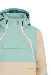 Leichte, zweifarbige Jacke in Mintgrün und Beige. Sie verfügt über eine Kapuze, einen Reißverschluss vorne, durchbrochene Details und eine Brusttasche.