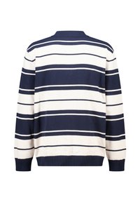 Gebreide pullover in marineblauw en crème, met horizontale strepen, een ronde hals en ribbelmanchetten en -zoom. Zachte textuur.