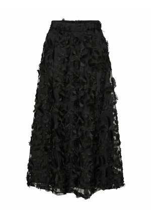 Black skirt made of sheer fabric with dense floral embroidery, featuring intricate flower patterns and a fringed hem.