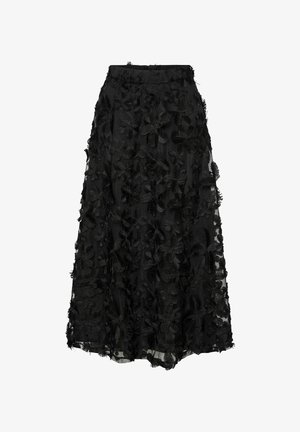 Black skirt made of sheer fabric with dense floral embroidery, featuring intricate flower patterns and a fringed hem.