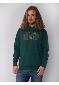 Groene hoodie met een kleurrijke fietsgrafiek op de voorkant, gemaakt van zachte stof met een kenguruzak en een verstelbare trekkoordkap.