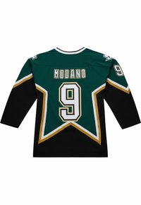 Green and black hockey jersey with gold and white accents, number 9, and the name "Modano" on the back and sleeves.