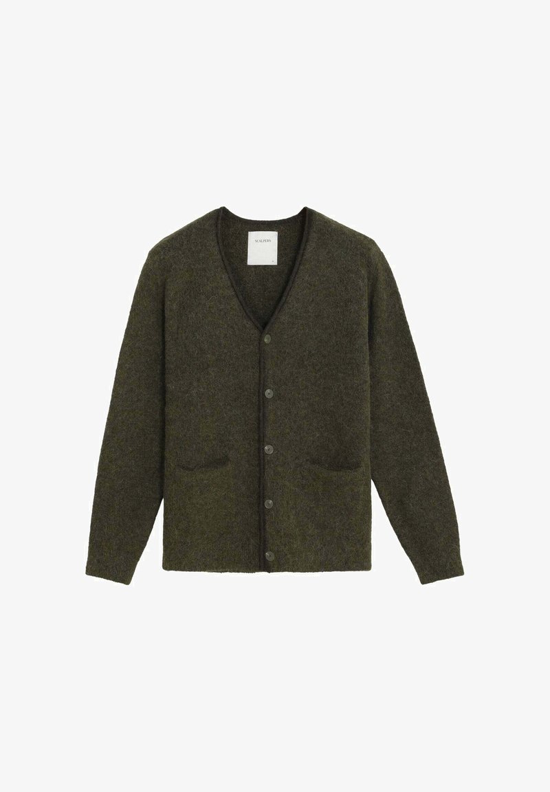 Olivgrüner Wollcardigan mit V-Ausschnitt, Knopfleiste und zwei aufgesetzten Taschen. Verfügt über eine strukturierte Oberfläche und einen kontrastierenden Innenkragen.