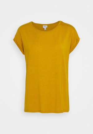 T-shirt a maniche corte color senape con scollo rotondo e risvolti sulle maniche, realizzata in tessuto morbido e leggero. Design semplice e senza decorazioni.