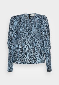 Blusa azul e preta com padrão, mangas bufantes, tecido texturizado e franzido, decote redondo e detalhe de fecho nas costas.