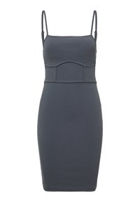 Graues, geripptes Midikleid mit dünnen, verstellbaren Trägern, figurbetontem Design, strukturiertem Stoff und einem formenden Oberteil. Einfacher Saum und nahtloser Abschluss.