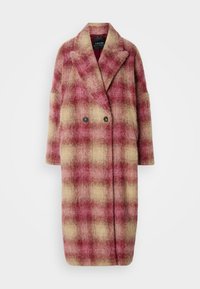 Lange geruite jas in tinten van roze en beige, gemaakt van textuurwool, met een dubbel knoopsluiting aan de voorkant en brede revers.