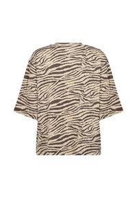 T-Shirt aus beigem Stoff mit einem dunkelbraunen Zebramuster, lockere Passform und kurze Ärmel. Einfacher Rundhalsausschnitt.