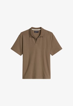 Polo met korte mouwen in gedempt bruin, met een gestructureerde stof en een klassiek kraagontwerp. Geen extra accenten of patronen.