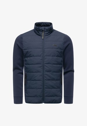 Marineblaue Jacke mit gesteppter Vorderseite, hohem Kragen und langen Ärmeln. Verfügt über seitliche Reißverschlusstaschen und eine glatte Stofftextur.