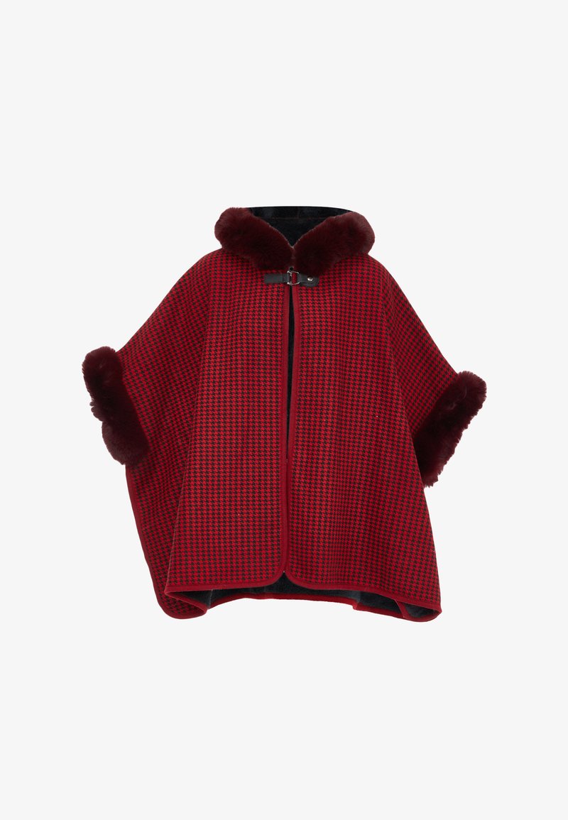Röd och svart houndstooth-mönstrad poncho med krage och kant av konstpäls, med framfickslås och lösa, vida ärmar.