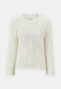 Kremowy, dziergany sweter z długimi rękawami, z detalicznym wzorem koronki i okrągłym dekoltem. Wykonany z miękkiego, lekkiego materiału.