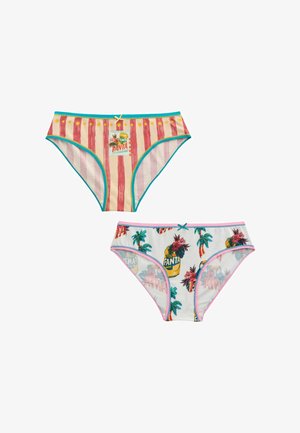 Zwei Paar Damen-Bikini-Unterwäsche, eines mit rot-beigen Streifen und Fanta-Logos, das andere weiß mit tropischem Fanta-Dosen- und Palmenmuster.