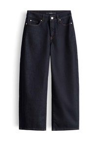 Dark blue wide-leg jeans with front button and pockets, displayed flat on a white background.