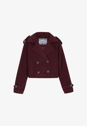 Bordeaux cropped dubbelknopsgedekte jas met brede revers, knoopsluiting op de schouderbanden en knoopsluiting op de manchetten.