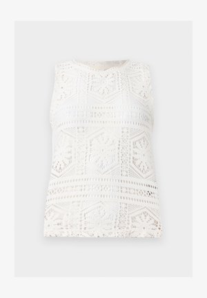 Λευκή αμάνικη δαντελένια μπλούζα με γεωμετρικά και λουλουδάτα μοτίβα κροσέ, στρογγυλή λαιμόκοψη και ημιδιαφανές σχέδιο.