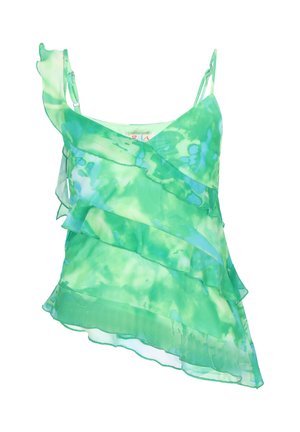 Zielono-niebieska asymetryczna bluzka bez rękawów w stylu tie-dye z falbanami i cienkimi regulowanymi ramiączkami.