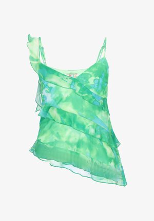 Zielono-niebieska asymetryczna bluzka bez rękawów w stylu tie-dye z falbanami i cienkimi regulowanymi ramiączkami.