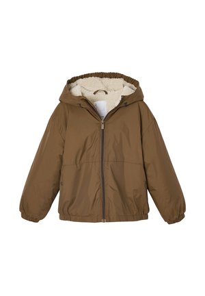Brown hooded jacket with front zipper, elastic cuffs, and soft white fleece lining inside the hood and upper interior.