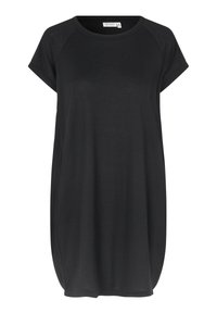 Robe noire à manches courtes faite d'un tissu léger et doux, avec un col arrondi et un ourlet légèrement courbé. Elle présente des manches raglan.