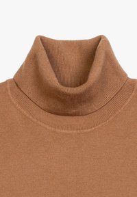 Maglione a collo alto marrone realizzato in tessuto a coste. Presenta un collo aderente e una texture liscia con un design minimalista.