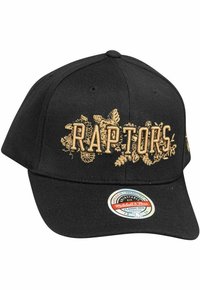Black baseball cap featuring gold embroidered text "RAPTORS" with floral accents. Includes a branded tag on the side. Structured design.
