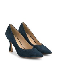 Décolleté in camoscio blu navy con tacco alto e punta affilata, dal design elegante e con tacco a blocco rettangolare. Fodera interna liscia.