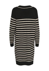 Strickkleid mit langen Ärmeln, versehen mit schwarz-weißen horizontalen Streifen, einem runden Hals und geradem Schnitt aus strukturiertem Stoff.