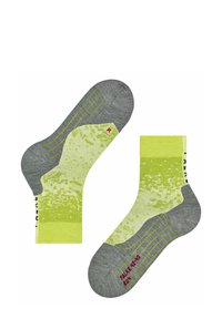 Grau und limonengrüne gemusterte Knöchel-Socken mit strukturierter Oberfläche, die helle grüne Streifen und ein rotes Logo aufweisen. Maschinenwaschbar.