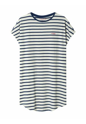 Biała sukienka z krótkim rękawem, z granatowymi poziomymi paskami i małym czerwonym napisem "be happy" na piersi, z okrągłym granatowym dekoltem.