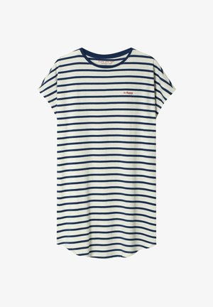 Biała sukienka z krótkim rękawem, z granatowymi poziomymi paskami i małym czerwonym napisem "be happy" na piersi, z okrągłym granatowym dekoltem.