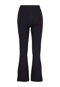 Black ribbed flared pants with a high waistband, featuring a textured surface and seaming details, designed for comfort and flexibility.