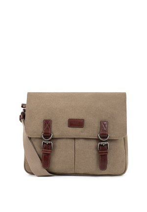 Sac messager en toile beige avec bandoulière réglable et deux boucles en cuir marron foncé sur le rabat avant.