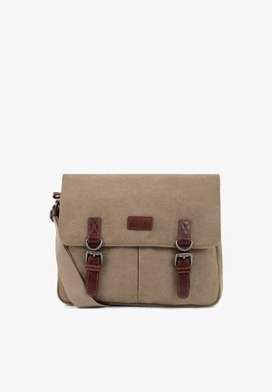 Sac messager en toile beige avec bandoulière réglable et deux boucles en cuir marron foncé sur le rabat avant.