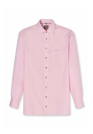 Helles rosa Herrenhemd mit langen Ärmeln, Knopfleiste, Brusttasche, klassischem Kragen und knöpfbaren Manschetten.