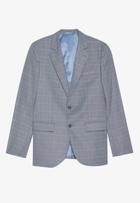 Helles graues Blazer mit einem schmalen blauen Karomuster. Verfügt über eingekerbte Revers, zwei Vorderaschen und einen Knopfverschluss. Satinblaue Futter.
