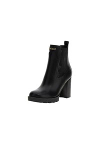Stivale alla caviglia in pelle nera con tacco a blocco, pannello laterale elastico con motivo sottile e logo dorato "Guess" sul risvolto anteriore.